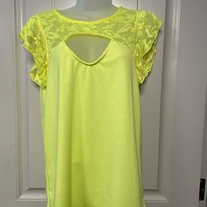 Cute neon sleeveless top with keyhole cutout and lace detail.